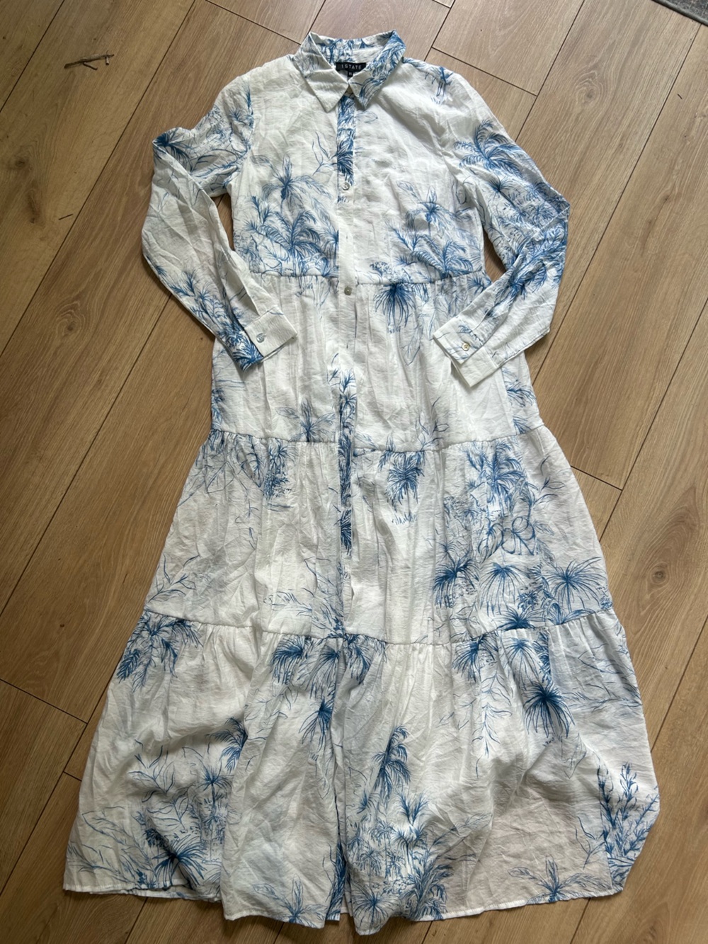 1. State White and Blue Floral Button-Front Maxi Jumpsuit